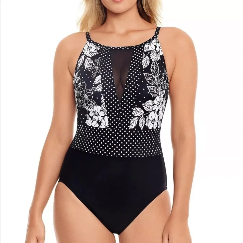 Swim Solutions Flower Spot High-Neck One-Piece Swimsuit - Picture 1 of 9